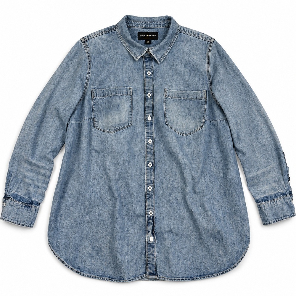 Lucky Brand Denim Boyfriend Shirt Women 1X Blue Long Sleeve Pocket Button Down